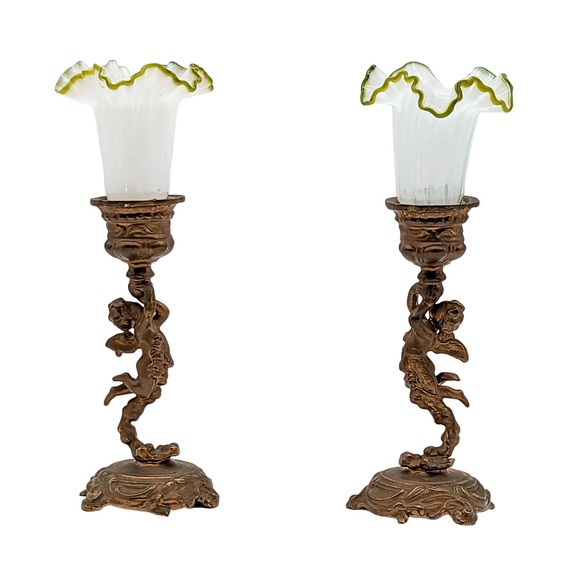 Antique Cherub Candle Holders Gilt Bronze w Hand Blown Ruffled Glass Green Rim - Picture 1 of 13